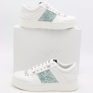 NIB Jimmy Choo Hawaii Leather Glitter Stripe Trainers Sneakers Shoes